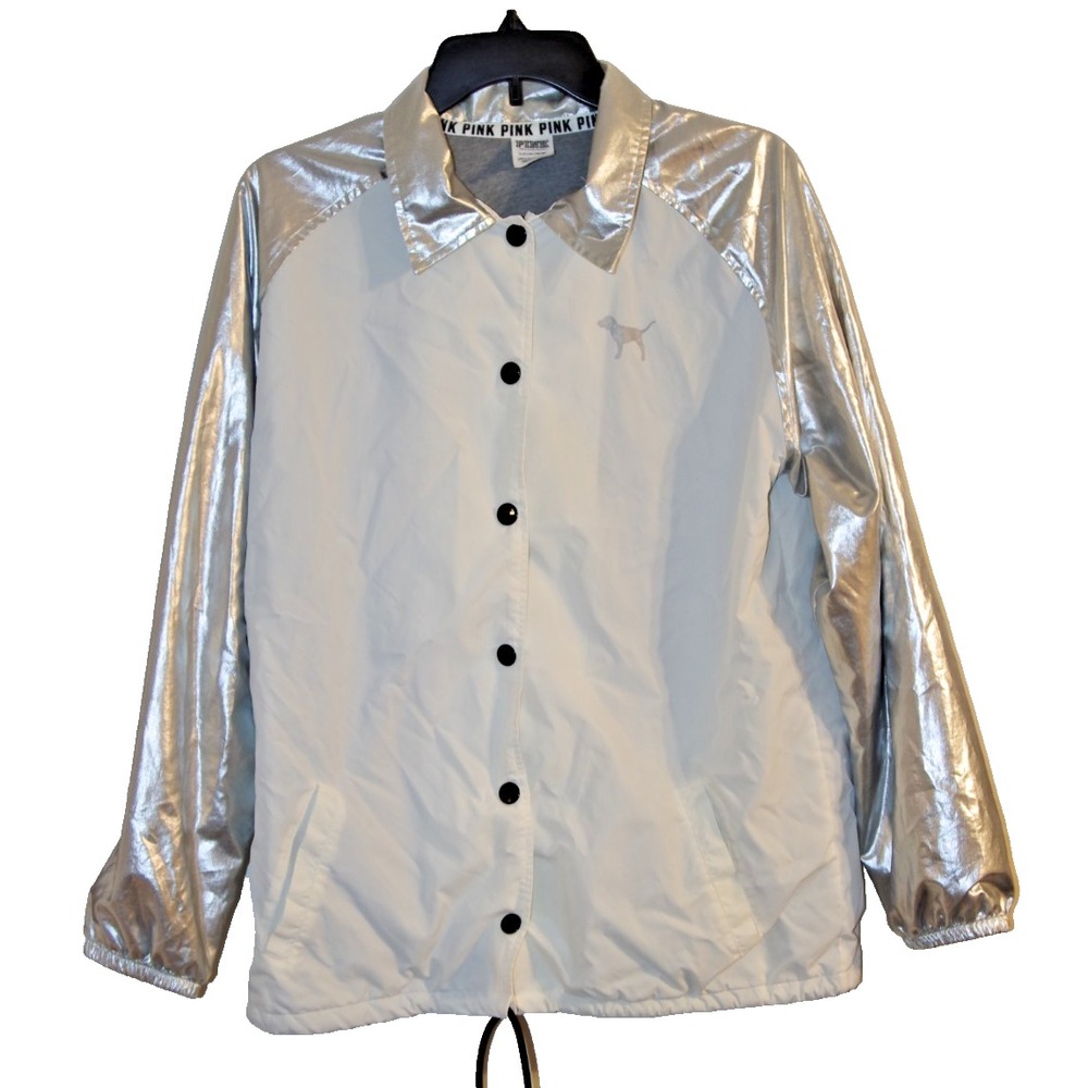 Vintage Y2K Victoria's Secret  PINK Snap Front Jacket Silver Foil White S VGUC‎
